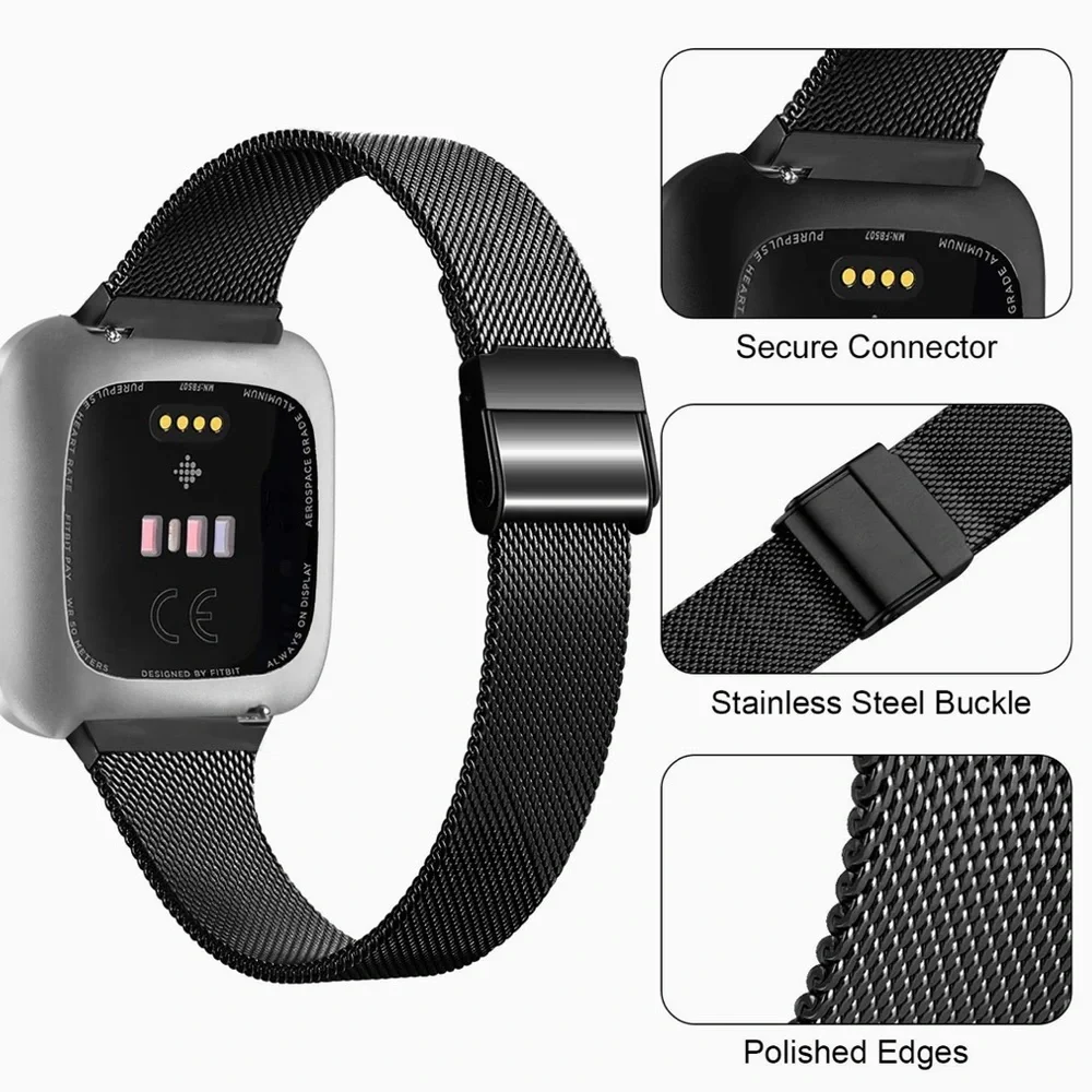 MELIYA Slim Black Stainless Steel Fitbit Fitness Tracker Replacement Wristband